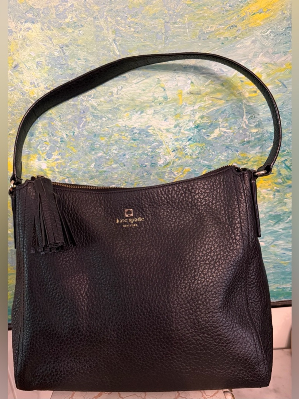 kate spade Black Pebbled Leather Tassel Shoulder Bag